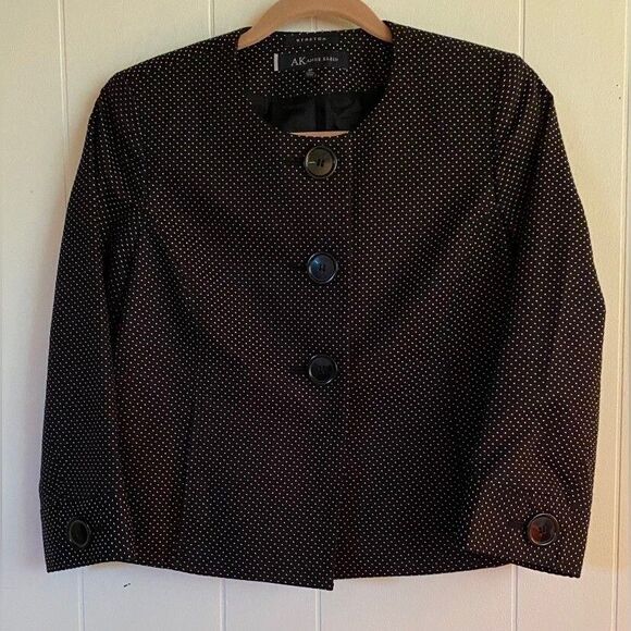 Anne Klein Jacket Women’s 6 Petite Black Blazer Jacket White Swiss Dots Stretch - Picture 1 of 6